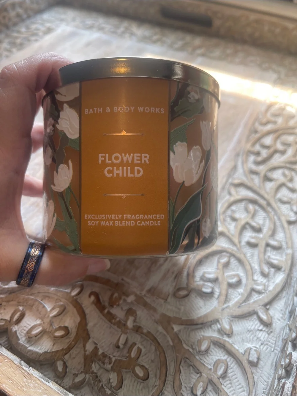 Bath & Body Works Flower Child Candle - Yellow with Floral Artwork